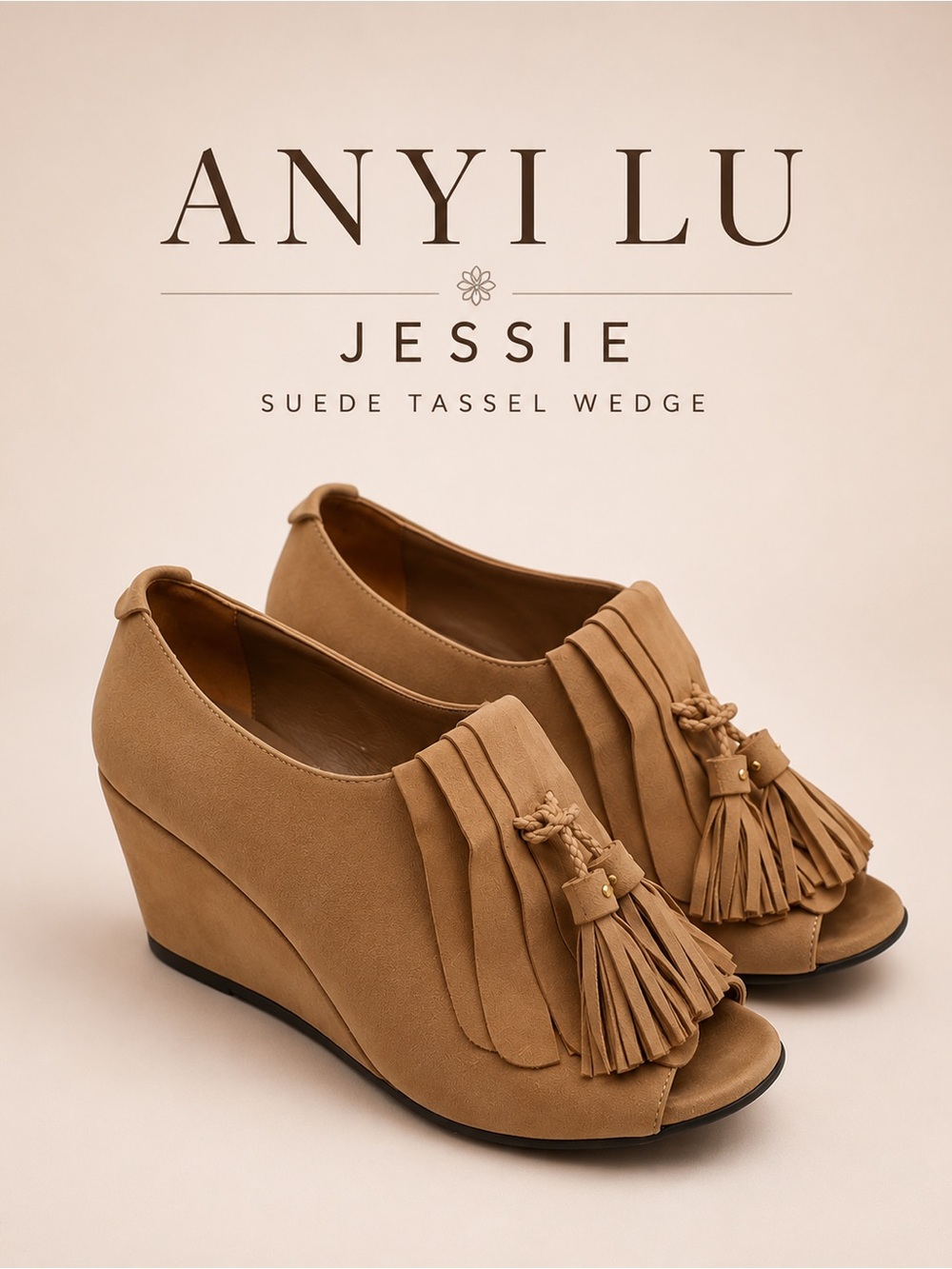 ANYI LU Jessie Suede Tassel Peep-Toe Wedge Shoes